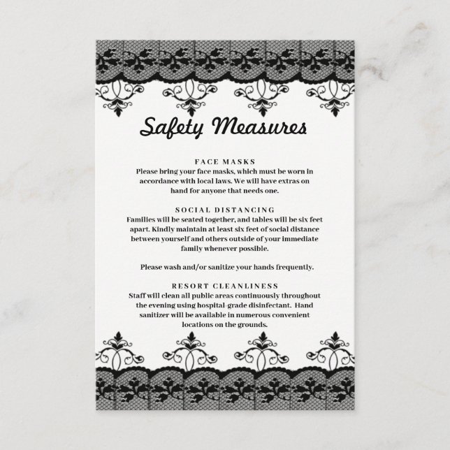 Classy Elegant Black Lace Safety Measures Enclosure Card (Front)