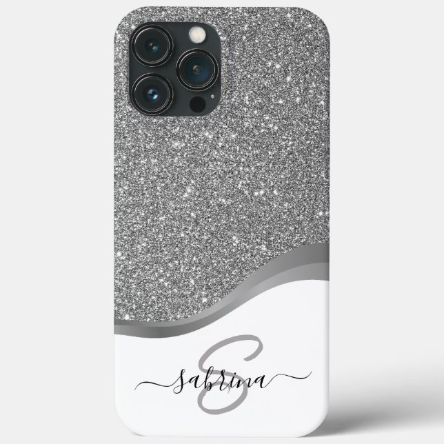 Classy Elegant Black Silver Glitter Monogram Name Case-Mate iPhone Case (Back)
