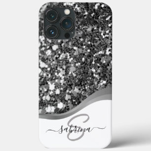 Classy Elegant Black Silver Glitter Monogram Name iPhone 13 Pro Max Case