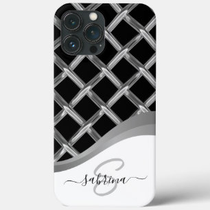 Classy Elegant Black & Silver Metal Monogram Name iPhone 13 Pro Max Case