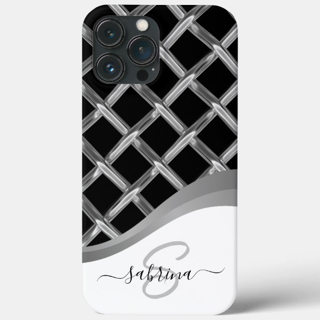 Classy Elegant Black & Silver Metal Monogram Name Case-Mate iPhone Case (Back)
