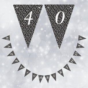 Classy Elegant Black White Birthday Damask Bunting Flags