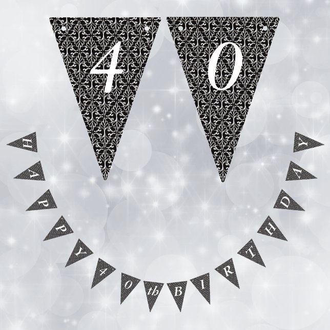 Classy Elegant Black White Birthday Damask Bunting Flags (Elegant damask pattern with scrolls black and white on Happy Birthday bunting flag party banner.)