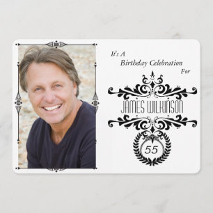 Classy Elegant Black/White Photo Birthday Invite