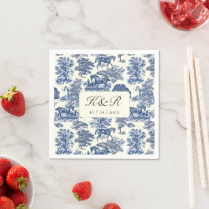 Classy Elegant Blue Horse Toile Name Initials Napkin