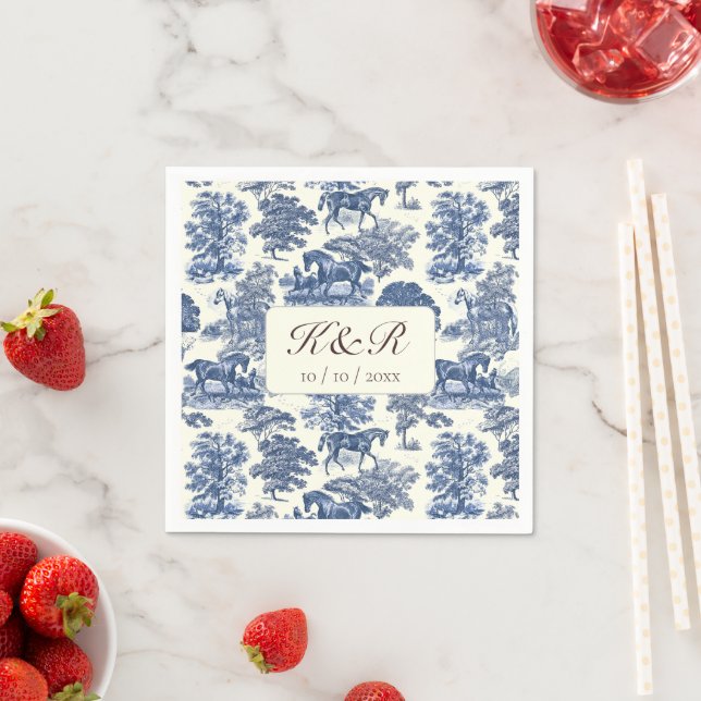 Classy Elegant Blue Horse Toile Name Initials Napkin (Insitu)
