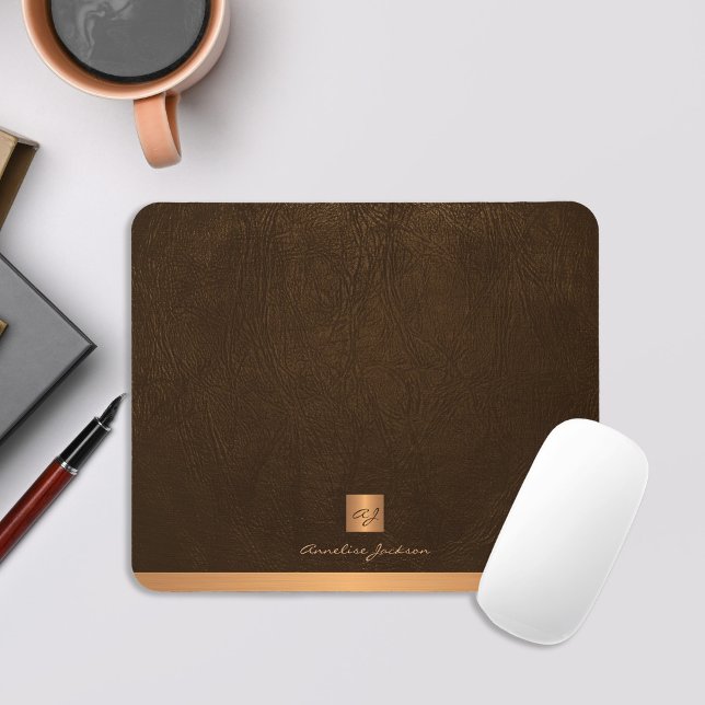 Classy elegant brown leather gold monogrammed mouse pad (Creator Uploaded)