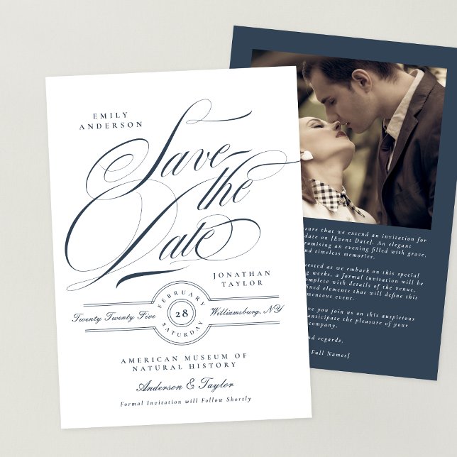 Classy Elegant Calligraphy Navy Blue Photo Save The Date (Creator Uploaded)