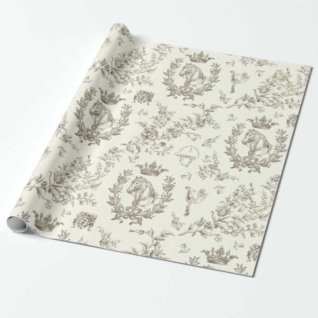 Classy Elegant Chic Beige Equestrian Toile Wrapping Paper (Unrolled)