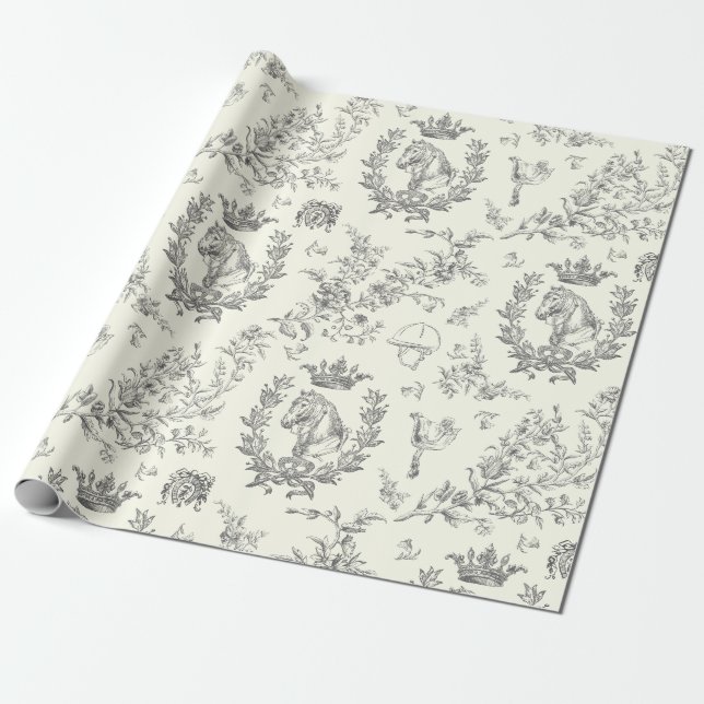 Classy Elegant Chic Black White Equestrian Toile Wrapping Paper (Unrolled)