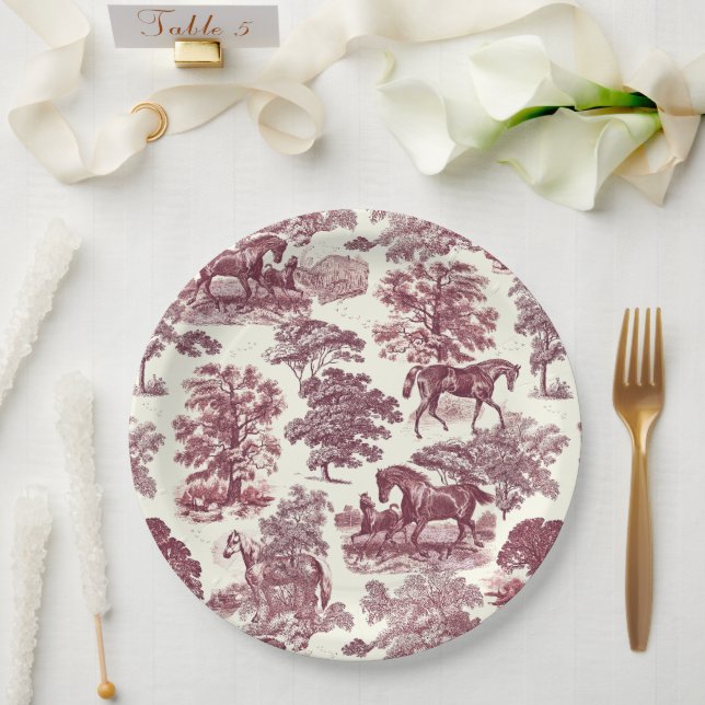Classy Elegant Chic Burgundy Horses Country Toile Paper Plate (Wedding)