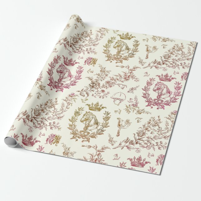 Classy Elegant Chic Pink Gold Equestrian Toile Wrapping Paper (Unrolled)
