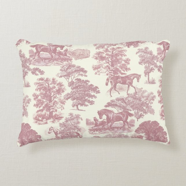 Classy Elegant Chic Pink Horses Country Toile Accent Pillow (Front)