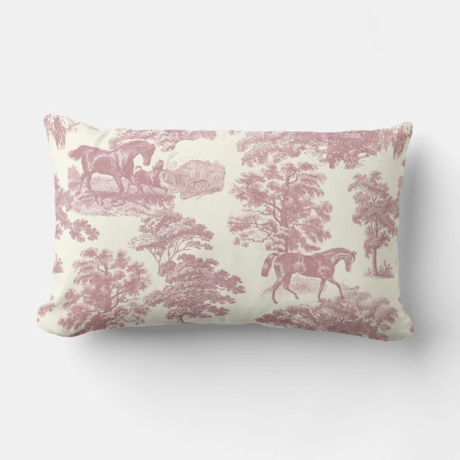 Classy Elegant Chic Pink Horses Country Toile Lumbar Pillow (Front)