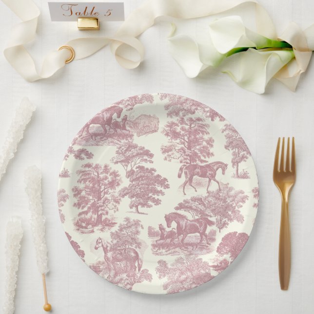 Classy Elegant Chic Pink Horses Country Toile Paper Plate (Wedding)