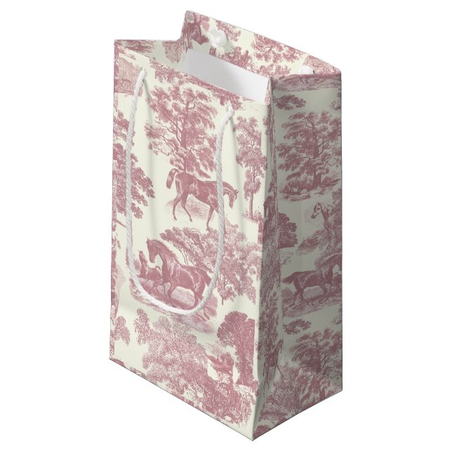 Classy Elegant Chic Pink Horses Country Toile Small Gift Bag (Front Angled)