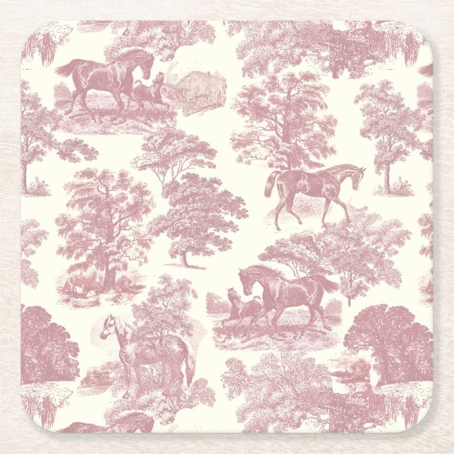 Classy Elegant Chic Pink Horses Country Toile Square Paper Coaster (Front)