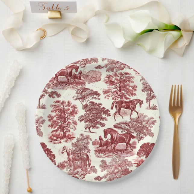 Classy Elegant Chic Red Horses Country Toile Paper Plate (Wedding)