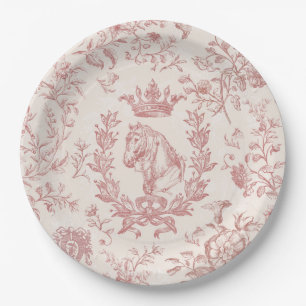 Classy Elegant Chic Rose Beige Equestrian Toile Paper Plate