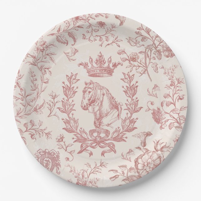 Classy Elegant Chic Rose Beige Equestrian Toile Paper Plate (Front)