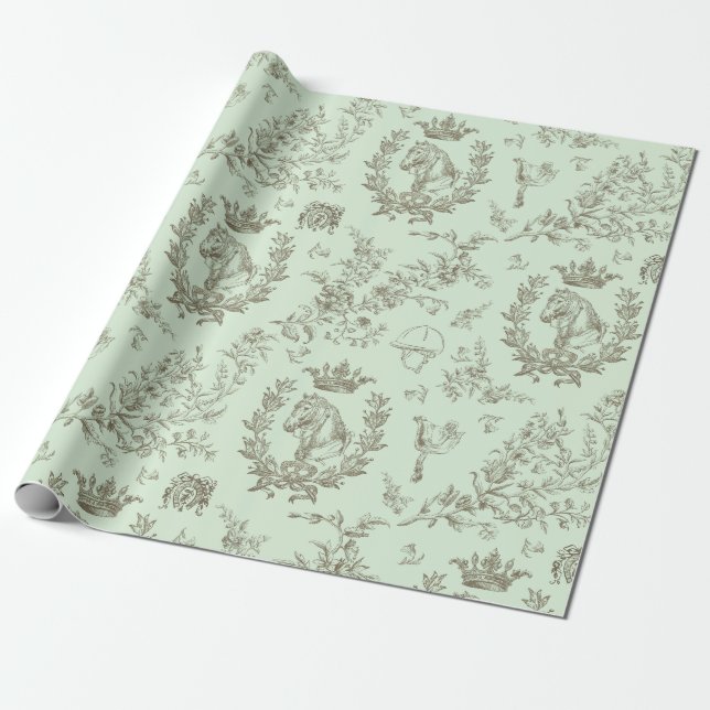 Classy Elegant Chic Sage Equestrian Toile Wrapping Paper (Unrolled)