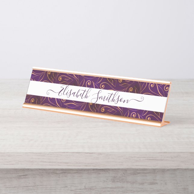    Classy Elegant Dark Purple Professional Floral Desk Name Plate (Front)