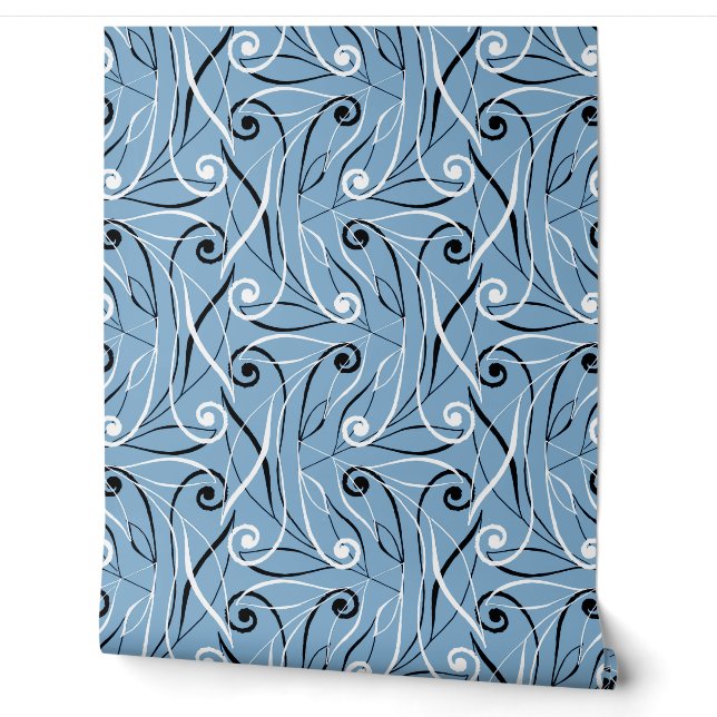 Classy Elegant Foliage & Swirls Pattern Dusty Blue Wallpaper (Unrolling)