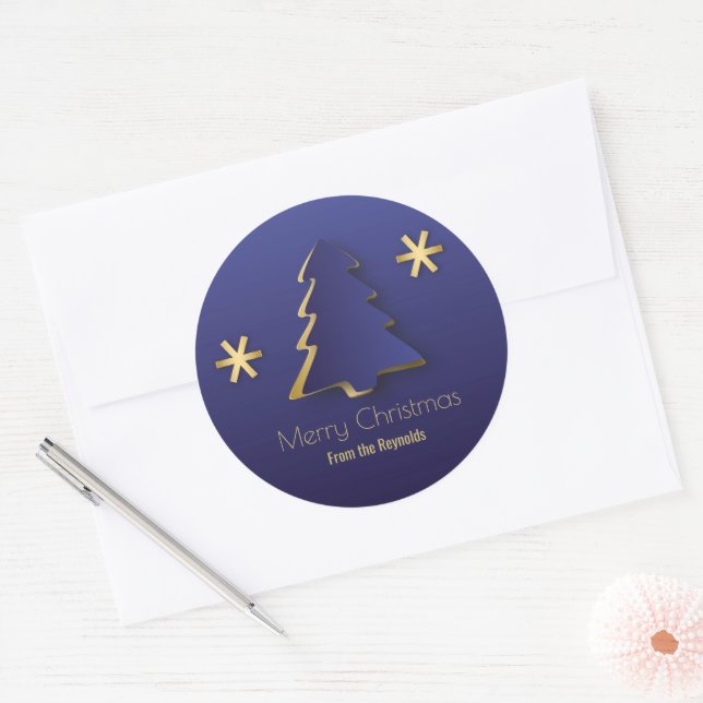 Classy Elegant Gold Blue Christmas Tree Classic Round Sticker (Envelope)