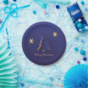 Classy Elegant Gold Blue Christmas Tree Paper Plate
