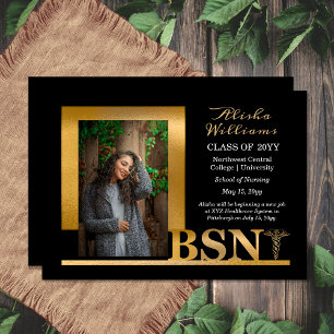 Classy Elegant Gold BSN Caduceus 1 Photo Black Announcement
