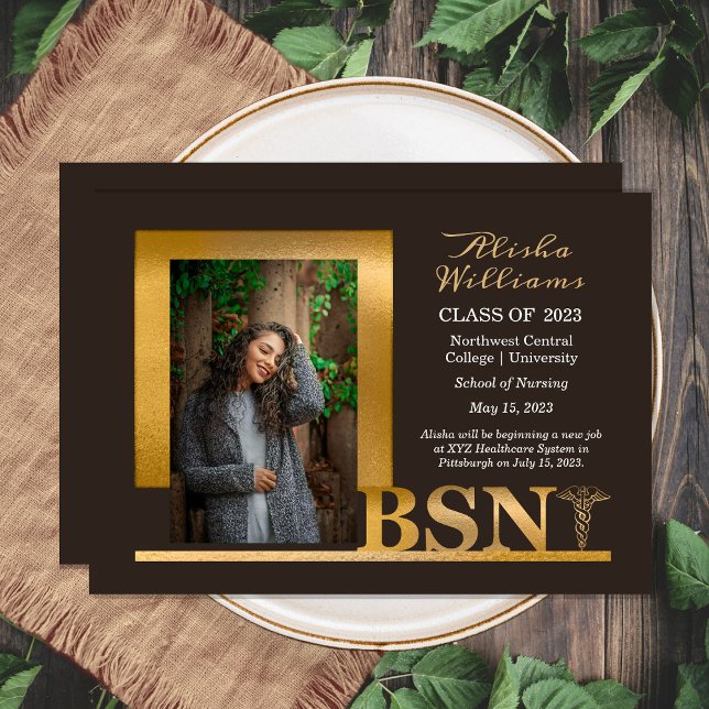 Classy Elegant Gold BSN Caduceus 1 Photo Dk Brown Announcement (Creator Uploaded)