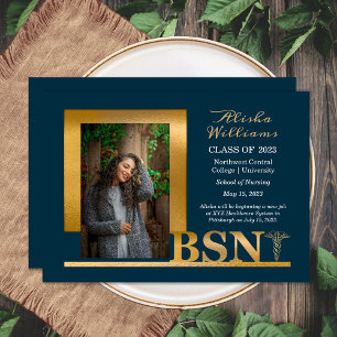 Classy Elegant Gold BSN Caduceus 1 Photo Dk Teal Announcement