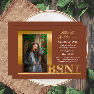 Classy Elegant Gold BSN Caduceus Photo Terracotta Announcement