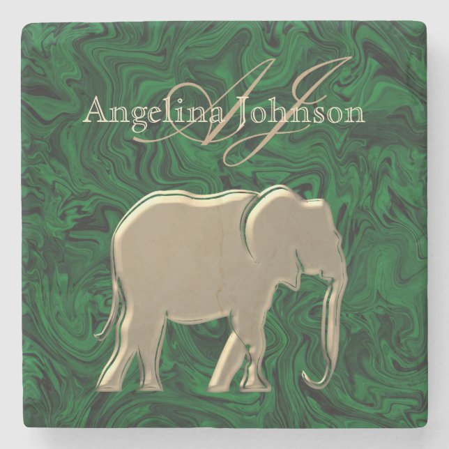 Classy Elegant Gold Elephant Green Marble Monogram Stone Coaster (Front)