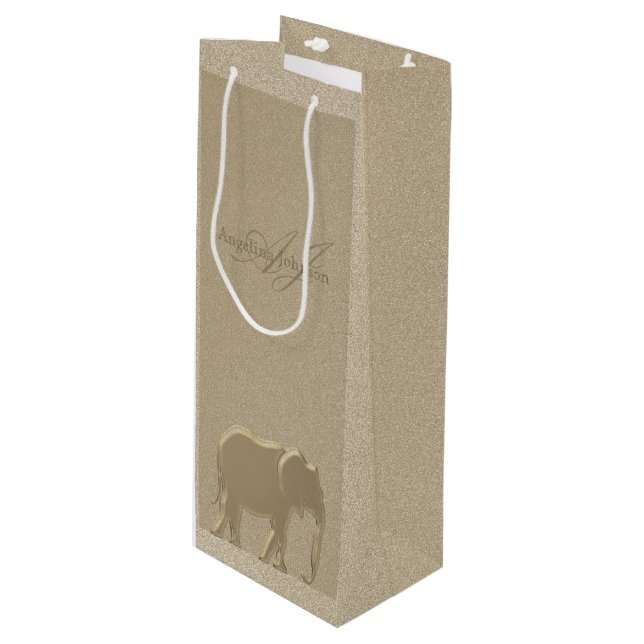 Classy Elegant Gold Elephant Monogram Wine Gift Bag (Front Angled)