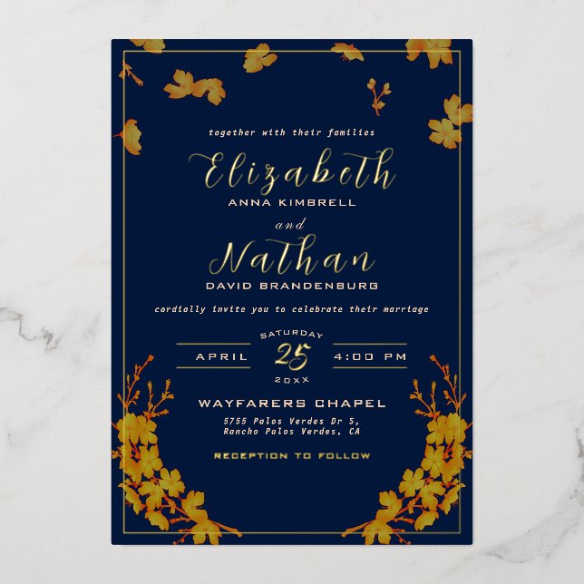 Classy Elegant Gold Floral Navy Blue Wedding (Front)