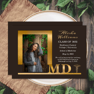 Classy Elegant Gold MD Caduceus 1 Photo Dk Brown Announcement