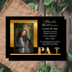 Classy Elegant Gold PA Caduceus 1 Photo Black Grad Announcement