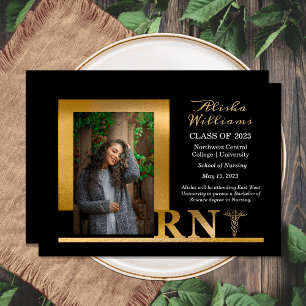 Classy Elegant Gold RN Caduceus 1 Photo Black Announcement