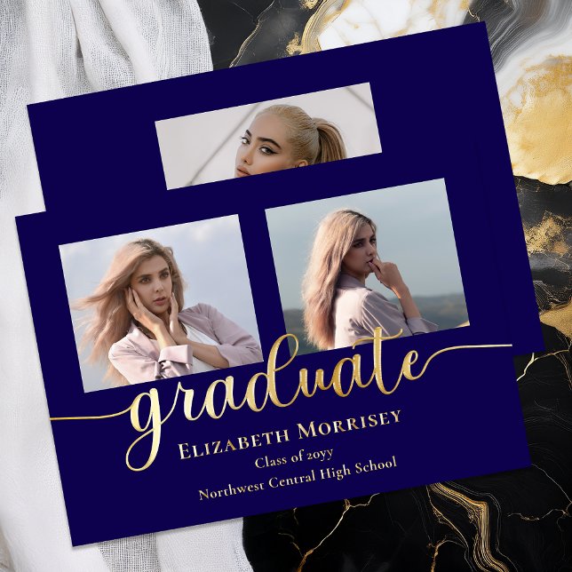 Classy Elegant Gold Script Text Graduate 3 Photo (Elegant Modern 3 Photo Script Text Graduation Gold Foil Announcement - Blue)