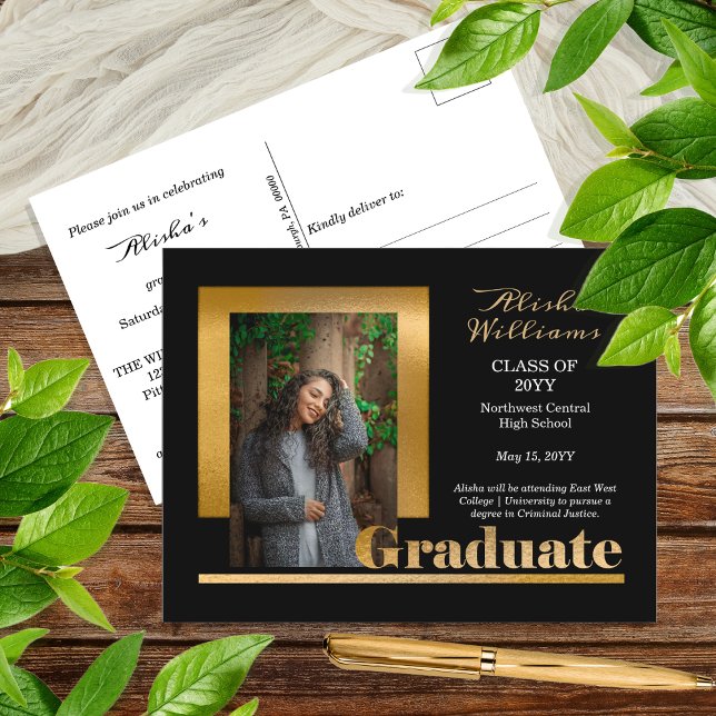 Classy Elegant Gold Text Graduate 1 Photo Black Postcard (Classy Elegant Gold Tone Text "Graduate" One Photo Black  Graduation Announcement Postcard)