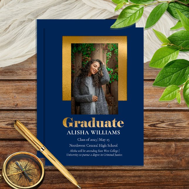 Classy Elegant Gold Text Graduate 1 Photo Blue Announcement (Creator Uploaded)