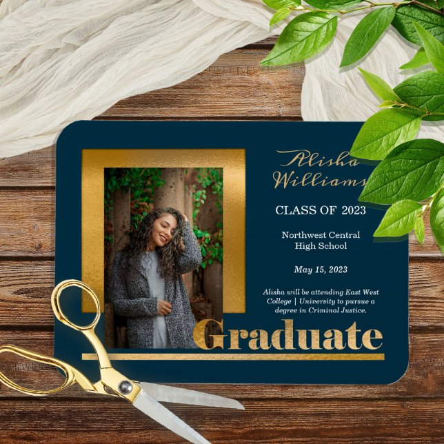 Classy Elegant Gold Text Graduate 1 Photo Dk Teal Magnet (Creator Uploaded)