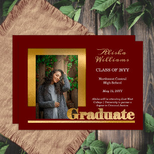 Classy Elegant Gold Text Graduate 1 Photo Maroon  Announcement