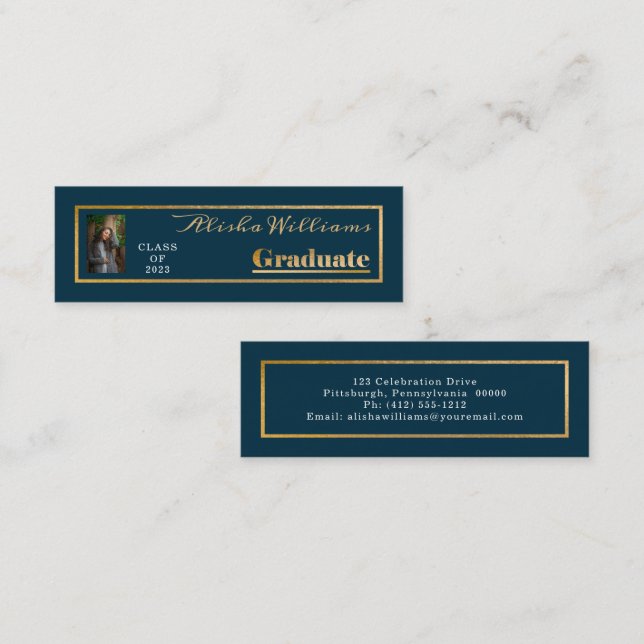 Classy Elegant Gold Text Graduate Photo Dk Teal Mini Business Card (Front/Back)
