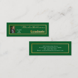 Classy Elegant Gold Text Graduate Photo Green  Mini Business Card