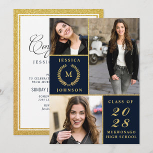 Classy Elegant Golden 3 PHOTO Graduation Party Invitation