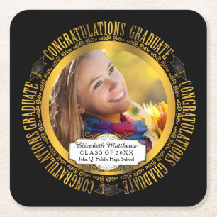 Classy Elegant Graduation Photo Square Paper Coaster