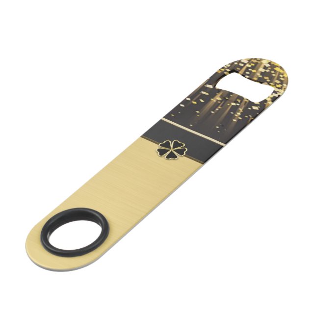 Classy Elegant Irish Shamrock ,Faux Gold Confetti Bar Key (Front Angled)