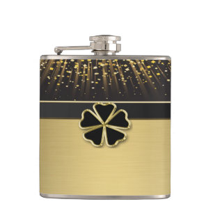 Classy Elegant Irish Shamrock ,Faux Gold Confetti Hip Flask